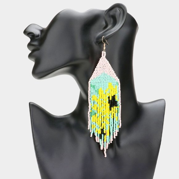 Gorgeous 7" Long Seed Beaded Floral Abstract Yellow Mint Boho Festival E… - Picture 1 of 2